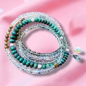 Natural Chrysocolla, Aquamarine, Moonstone Wrap Bracelet Necklace 14k White Gold